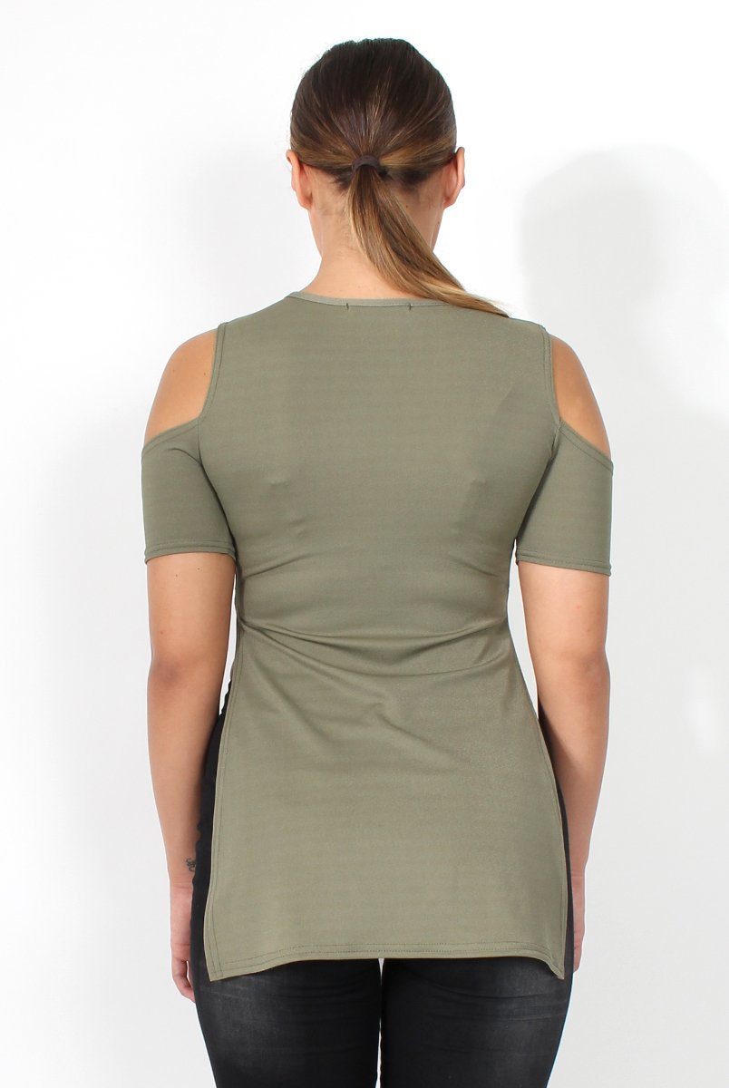 Nieve Khaki Cut Out Shoulder Side Split Top-Tops