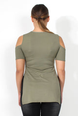 Nieve Khaki Cut Out Shoulder Side Split Top-Tops