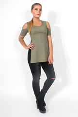 Nieve Khaki Cut Out Shoulder Side Split Top-Tops