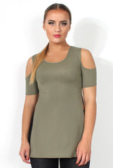 Nieve Khaki Cut Out Shoulder Side Split Top-Tops