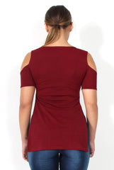 Nieve Wine Cut Out Shoulder Side Split Top-Tops