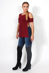 Nieve Wine Cut Out Shoulder Side Split Top-Tops