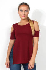 Nieve Wine Cut Out Shoulder Side Split Top-Tops