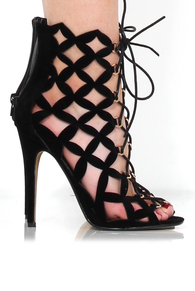 Nikki Black Suede Caged Heels-Heels