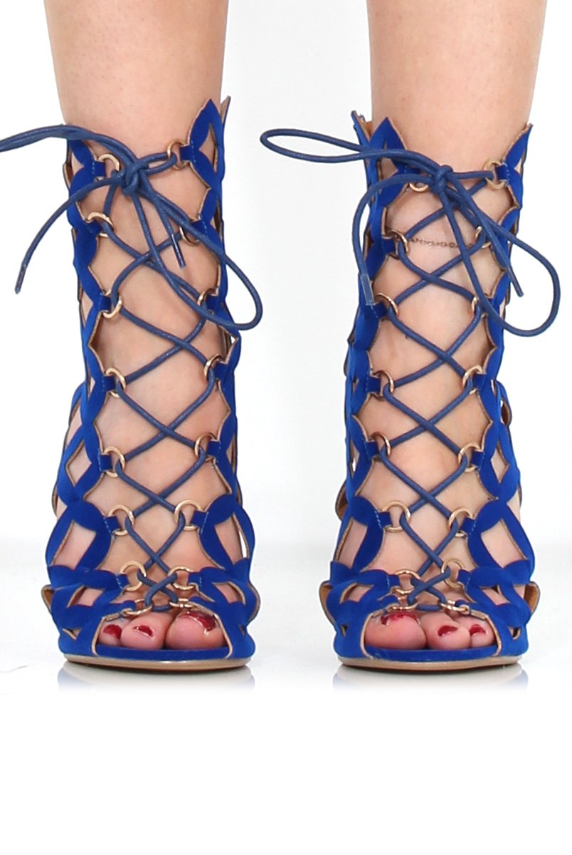 Nikki Blue Suede Caged Heels-Heels