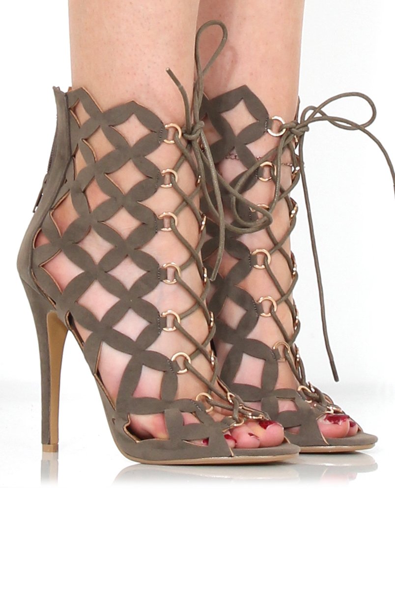 Nikki Khaki Suede Caged Heels-Heels