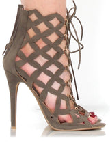 Nikki Khaki Suede Caged Heels-Heels