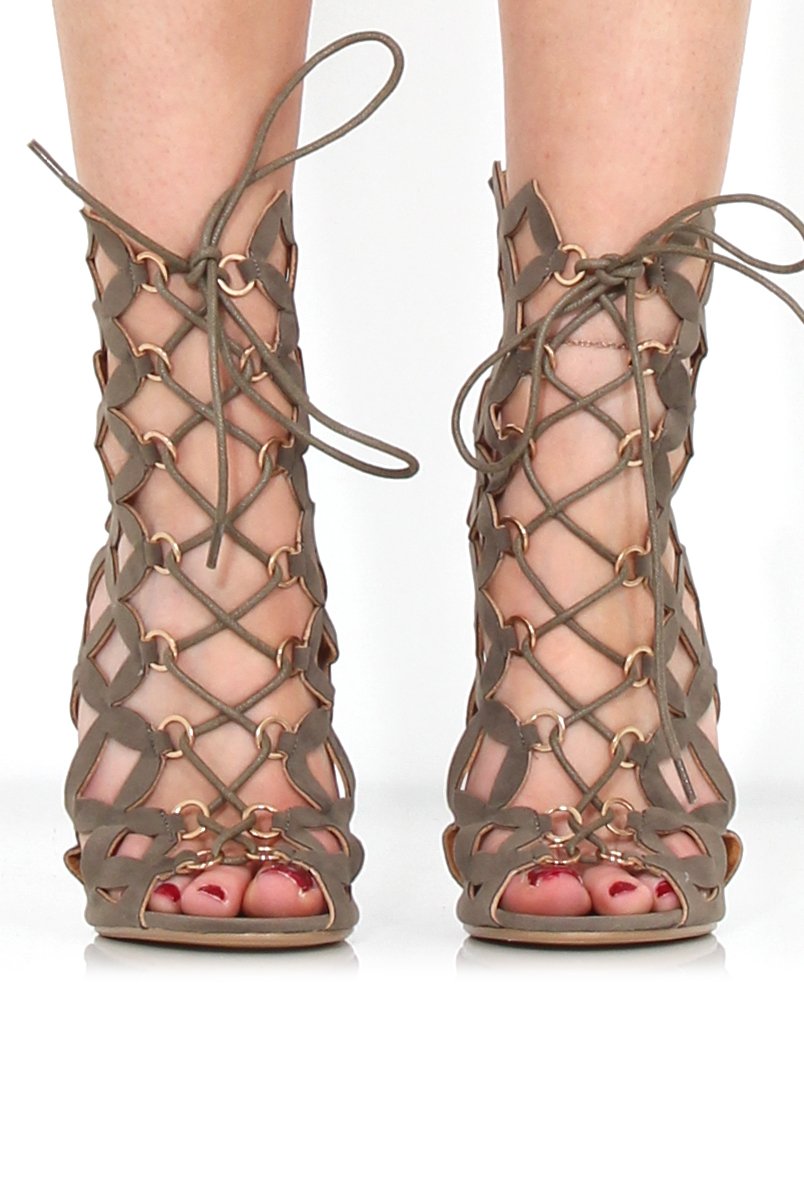 Nikki Khaki Suede Caged Heels-Heels