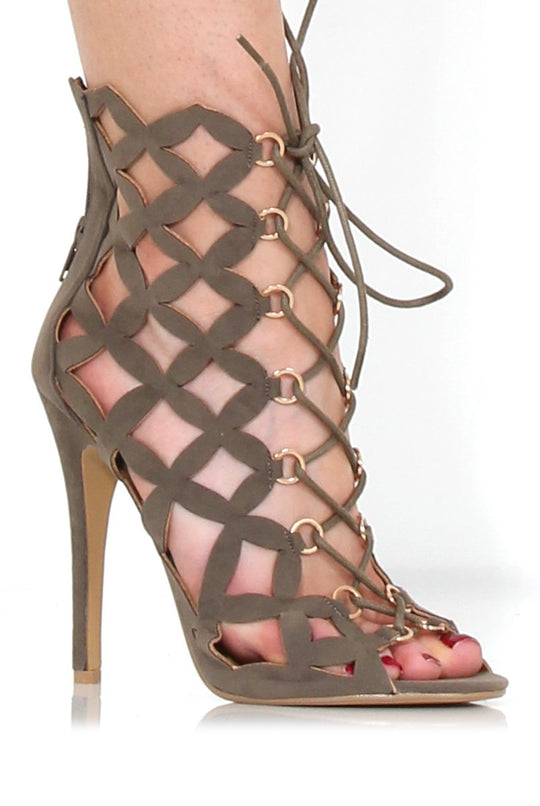 Nikki Khaki Suede Caged Heels