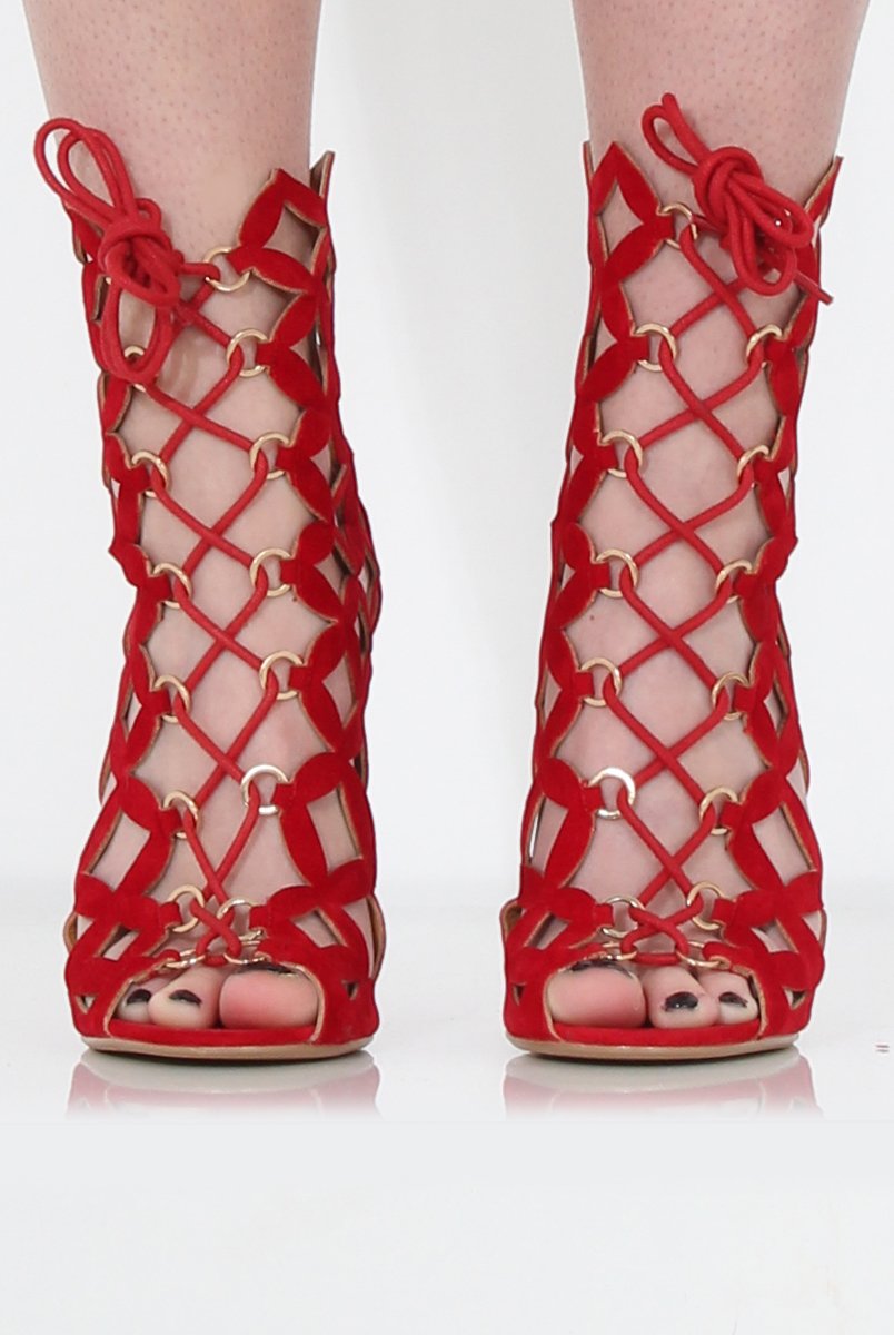 Nikki Red Suede Caged Heels-Heels