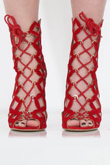 Nikki Red Suede Caged Heels-Heels