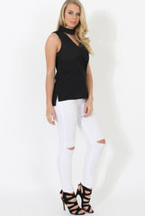 Nina Black High Neck V Front Top-Tops