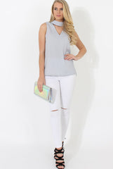 Nina Grey High Neck V Front Top-Tops
