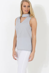 Nina Grey High Neck V Front Top-Tops