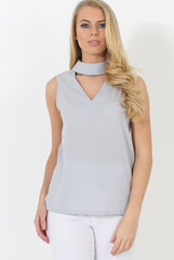 Nina Grey High Neck V Front Top-Tops