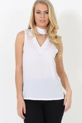 Nina White High Neck V Front Top-Tops