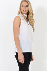 Nina White High Neck V Front Top-Tops