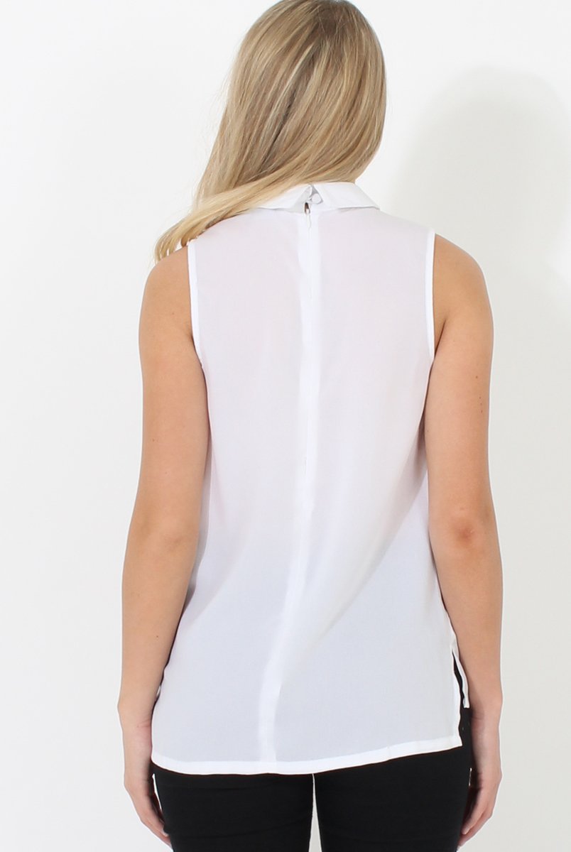 Nina White High Neck V Front Top-Tops