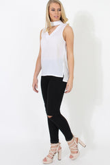 Nina White High Neck V Front Top-Tops