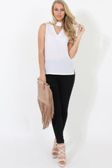 Nina White High Neck V Front Top-Tops