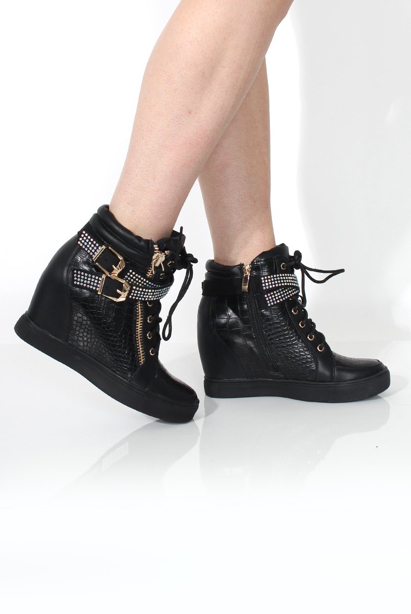 Nixie Black Snakeskin Diamante Wedged Trainers-Trainers