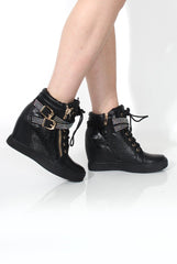 Nixie Black Snakeskin Diamante Wedged Trainers-Trainers