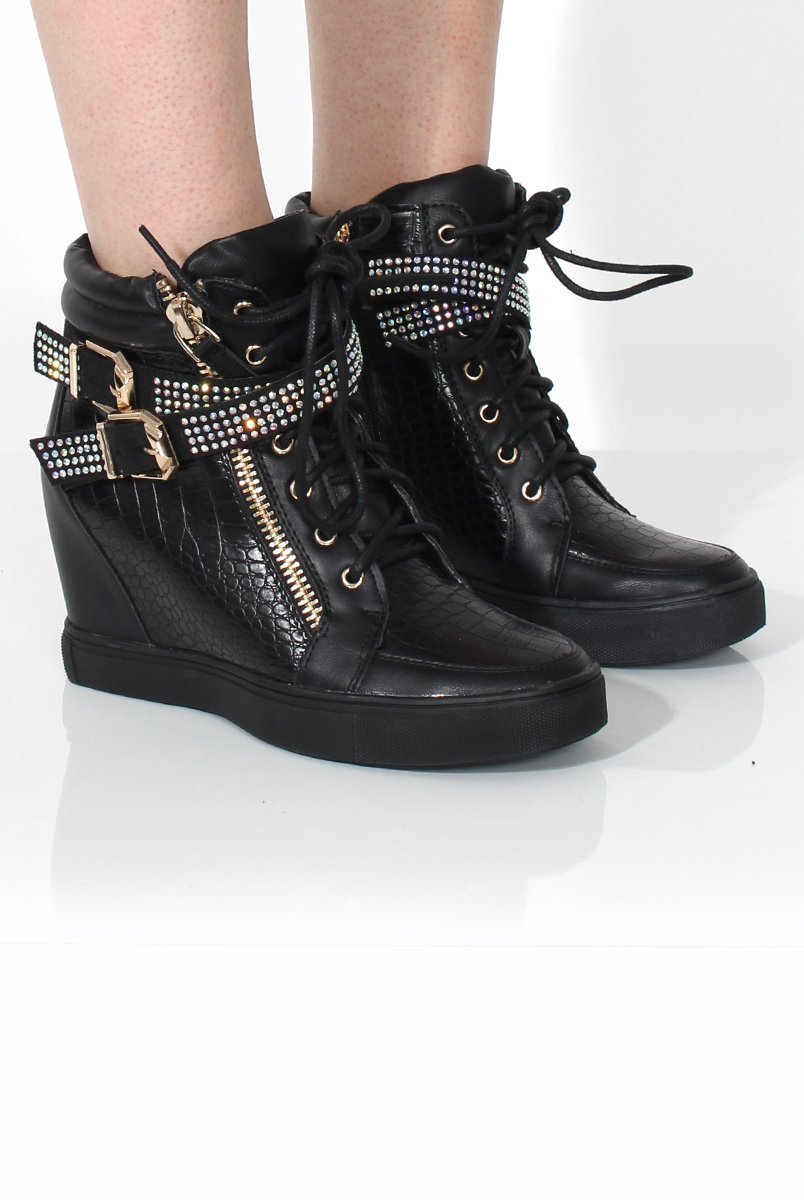 Nixie Black Snakeskin Diamante Wedged Trainers-Trainers