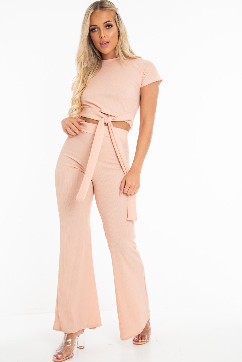 Nude Bandage Rib Tie Waist T-Shirt Trousers Co-Ord - Kalise-Co-ords