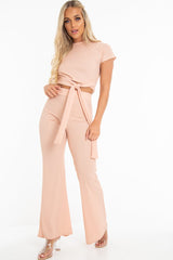 Nude Bandage Rib Tie Waist T-Shirt Trousers Co-Ord - Kalise-Co-ords