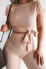 Nude Bandage Rib Tie Waist T-Shirt Trousers Co-Ord - Kalise-Co-ords