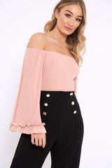 Nude Bardot Frill Flare Sleeve Bodysuit - Sofiya-Bodysuits