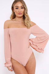 Nude Bardot Frill Flare Sleeve Bodysuit - Sofiya-Bodysuits