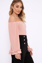Nude Bardot Frill Flare Sleeve Bodysuit - Sofiya-Bodysuits