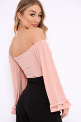 Nude Bardot Frill Flare Sleeve Bodysuit - Sofiya-Bodysuits