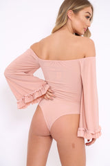 Nude Bardot Frill Flare Sleeve Bodysuit - Sofiya-Bodysuits