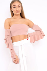 Nude Bardot Frill Sleeve Crop Top - Nancie-Crop Tops