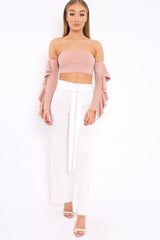 Nude Bardot Frill Sleeve Crop Top - Nancie-Crop Tops