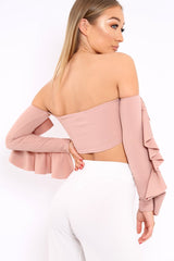 Nude Bardot Frill Sleeve Crop Top - Nancie-Crop Tops