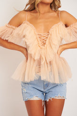 Nude Bardot Tie Front Tulle Top - Jax-Tops