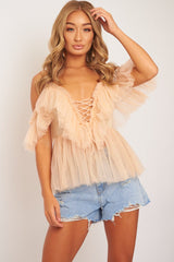 Nude Bardot Tie Front Tulle Top - Jax-Tops