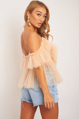 Nude Bardot Tie Front Tulle Top - Jax-Tops