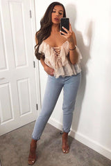 Nude Bardot Tie Front Tulle Top - Jax-Tops