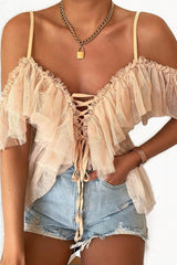 Nude Bardot Tie Front Tulle Top - Jax-Tops