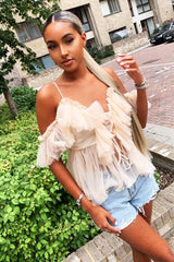 Nude Bardot Tie Front Tulle Top - Jax-Tops