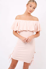 Nude Bardot Tie Up Eyelet Dress - Myra-Dresses
