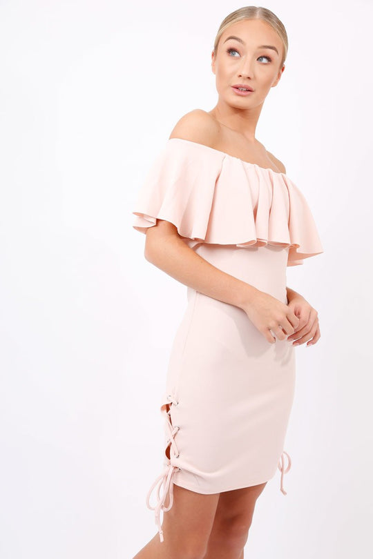 Nude Bardot Tie Up Eyelet Dress - Myra
