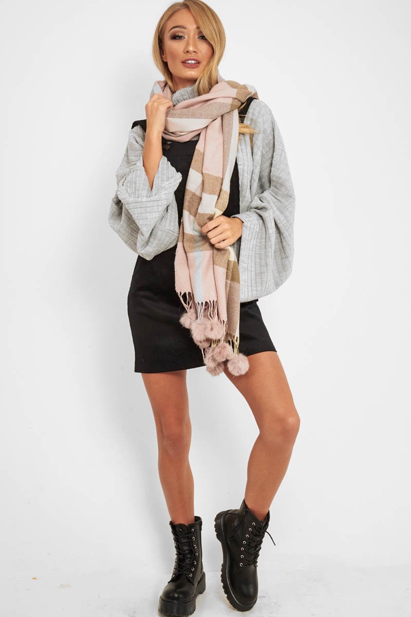 Nude Beige Tartan Pom-Pom Scarf - Aayat-Accessories