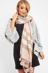Nude Beige Tartan Pom-Pom Scarf - Aayat-Accessories