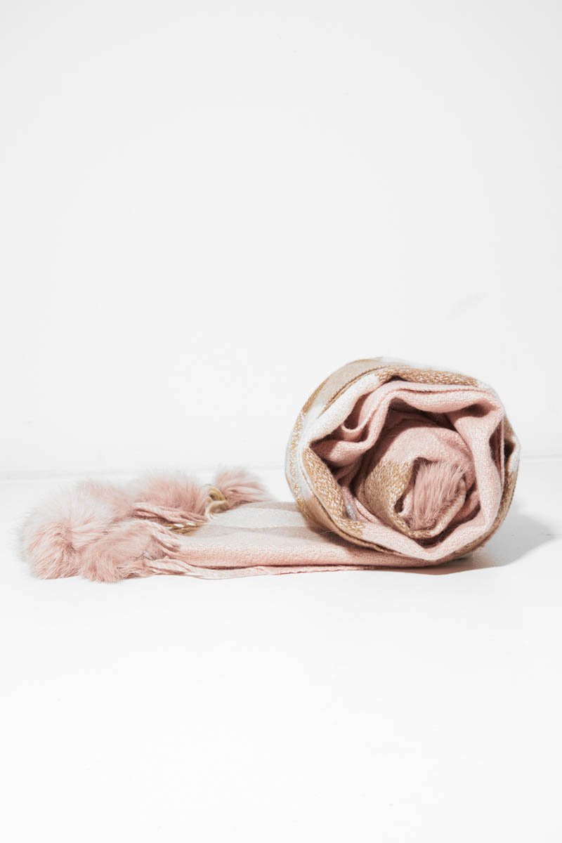 Nude Beige Tartan Pom-Pom Scarf - Aayat-Accessories