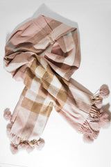 Nude Beige Tartan Pom-Pom Scarf - Aayat-Accessories